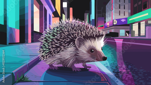 Hedgehog exploring a city street bathed in neon lights, with its natural appearance creating a vivid contrast against the vibrant glow.