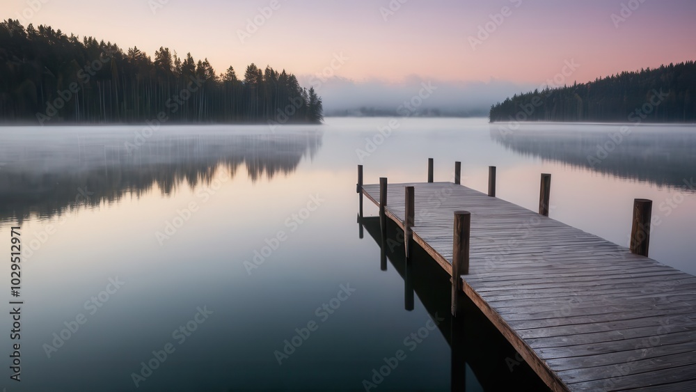 Obraz premium A lone pier reaches into the fog-covered lake, creating a serene and mysterious atmosphere. The dense fog blurs the boundaries between the water and sky, evoking a sense of stillness and calm