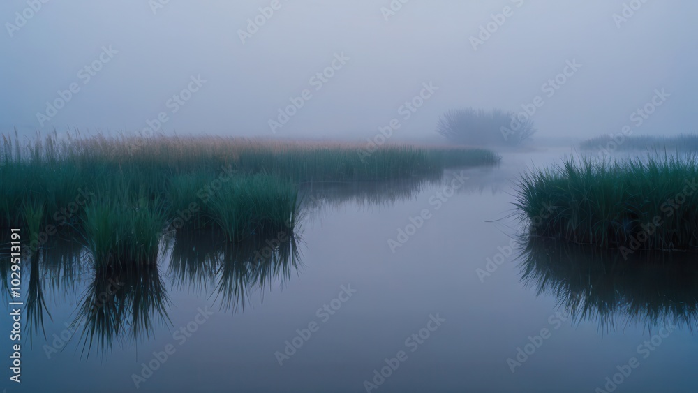 Golden sunlight breaks through the fog over a peaceful lake, reflecting the surrounding vegetation. The misty water and gentle light combine to create a serene and harmonious natural scene Golden sunlight breaks through the fog over a peaceful lake, reflecting the surrounding vegetation. The misty water and gentle light combine to create a serene and harmonious natural scene