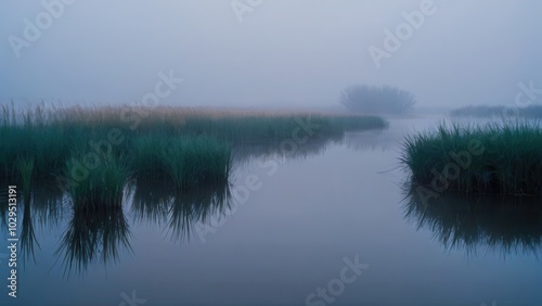 Golden sunlight breaks through the fog over a peaceful lake, reflecting the surrounding vegetation. The misty water and gentle light combine to create a serene and harmonious natural scene