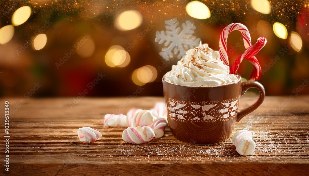 A steaming mug of hot chocolate topped with whipped cream and crushed candy canes, placed on 