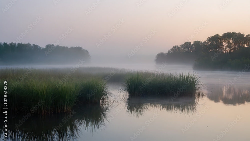 Golden sunlight breaks through the fog over a peaceful lake, reflecting the surrounding vegetation. The misty water and gentle light combine to create a serene and harmonious natural scene Golden sunlight breaks through the fog over a peaceful lake, reflecting the surrounding vegetation. The misty water and gentle light combine to create a serene and harmonious natural scene