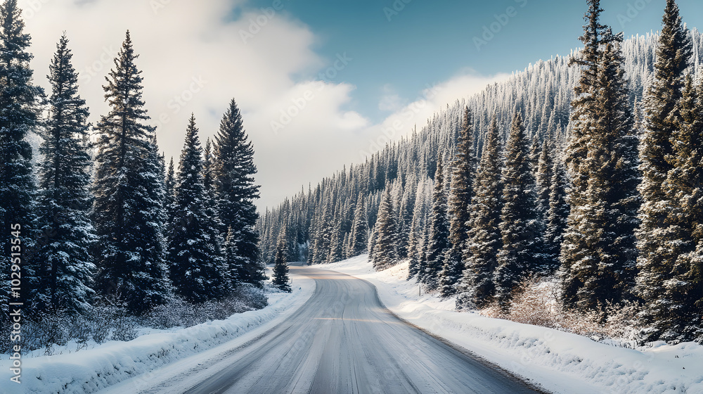 Fototapeta premium A snow-covered mountain road winding through tall pine trees leading up to a secluded winter retreat.