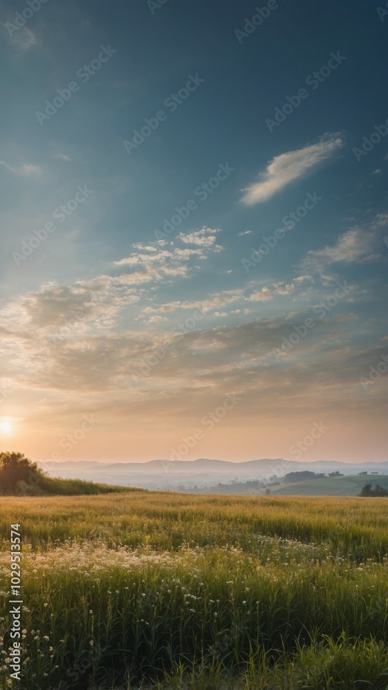 A sunny evening view of golden grass under a bright sky with an abstract structure A sunny evening view of golden grass under a bright sky with an abstract structure