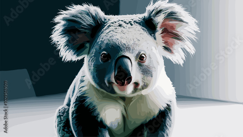 Professionally lit studio shot of a koala, with soft lighting enhancing its detailed fur and expressive face against a minimalistic backdrop.