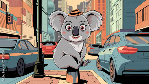 Engaging koala exploring a bustling city street, with skyscrapers and traffic providing a lively backdrop to its curious behavior.