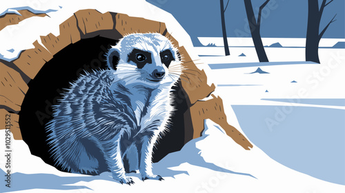 Meerkat emerging from a snowy burrow, fur fluffed up against the cold, in a stark winter landscape.