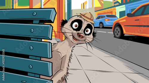 Meerkat peeking from behind a city bench, wide-eyed with curiosity at the bustling urban life.