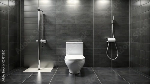 White water closet, black Italian tile, stainless steel handshower, classic washroom