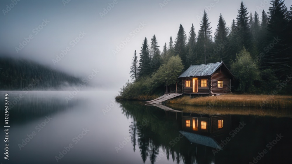 Fototapeta premium A wooden cabin with glowing windows sits by a foggy lake, surrounded by still water and dense mist. The combination of warm interior light and the cool, misty landscape creates a serene and cozy atmos
