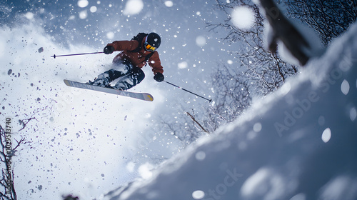 A skier launching off a jump during a slalom race with snow flying in the air as they descend the mountain. photo