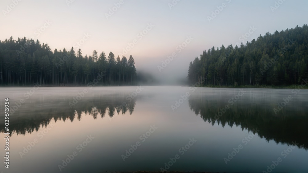 A thick layer of fog drifts over a calm lake, partially obscuring the reflection of tall pine trees along the shoreline. The peaceful and mysterious atmosphere of the mist-covered water creates a sere A thick layer of fog drifts over a calm lake, partially obscuring the reflection of tall pine trees along the shoreline. The peaceful and mysterious atmosphere of the mist-covered water creates a sere