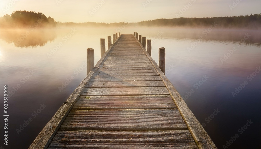 Obraz premium A weathered wooden pier extending into a calm misty lake, with soft light reflecting off the 