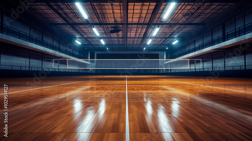 Indoor Volleyball Court with Net  Wood Floor  and Bright Lights