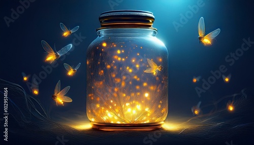 A wide-mouthed jar filled with bright, glowing fireflies, their light casting subtle shadows