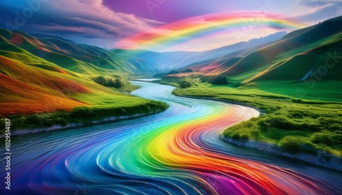 A winding river flowing through a calm landscape, with the water appearing as a liquid rainb photo