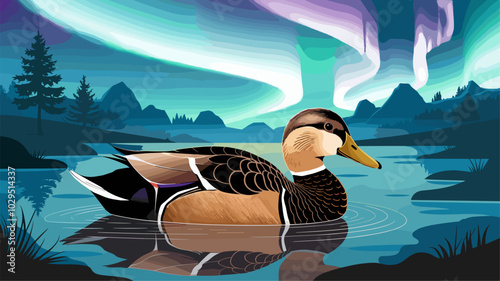 Duck swimming in a tranquil pond under the Northern Lights, its feathers glowing against the vibrant, ethereal colors of the aurora.