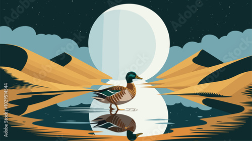 Duck navigating a moonlit oasis in the desert, its reflection shimmering on still water with sand and a starlit sky creating a serene backdrop.