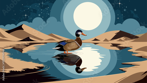 Duck navigating a moonlit oasis in the desert, its reflection shimmering on still water with sand and a starlit sky creating a serene backdrop.