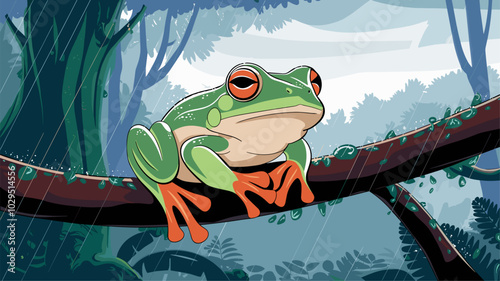 Frog hopping through a rain-soaked rainforest, its skin glistening with raindrops and the lush foliage creating a dynamic backdrop.