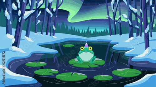 Magical frog on a lily pad in a snowy pond, with the Northern Lights casting a colorful glow that enhances its vibrant colors.
