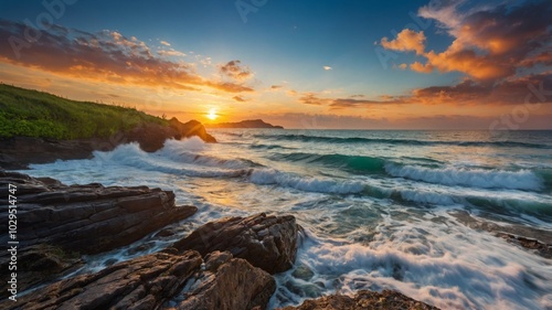 A stunning sunset over the ocean with waves crashing against rocky shorelines at twilight