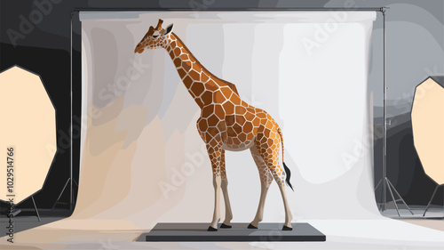 Professionally lit studio featuring a graceful giraffe, with soft lighting highlighting its unique features against a clean backdrop.