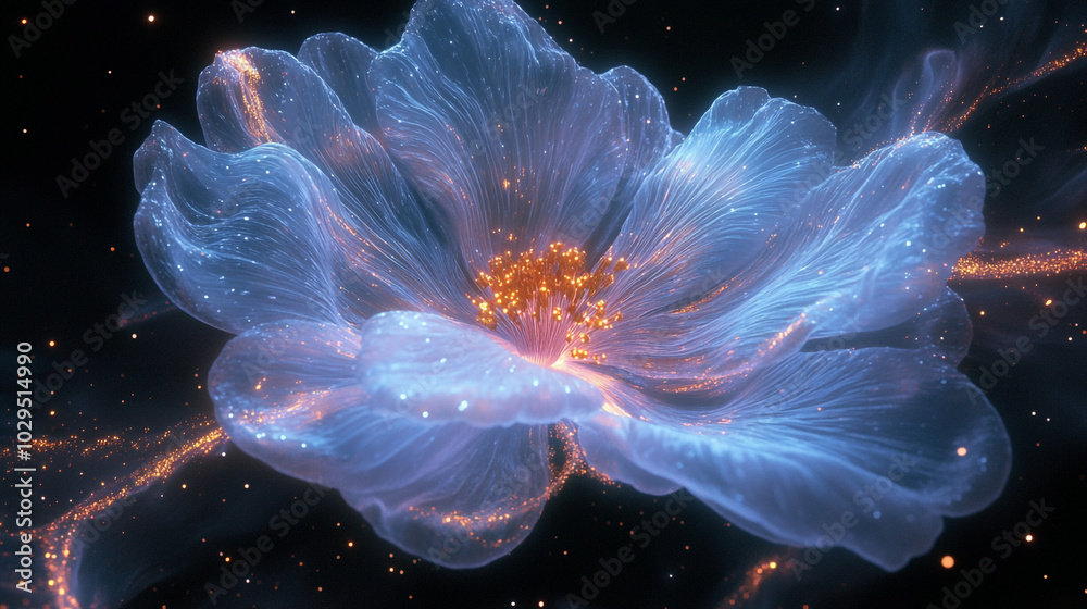 Fototapeta premium Glowing Flower with Sparkles in the Night Sky Abstract Floral Design
