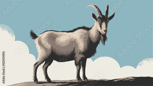 Goat posed against an isolated background, emphasizing sharp horns, textured fur, and confident stance in a simple, uncluttered setting.