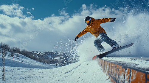A snowboarder hitting a rail in the terrain park sliding with precision and focus as snow flies up from their board.