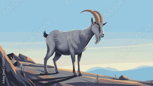 Goat posed against an isolated background, emphasizing sharp horns, textured fur, and confident stance in a simple, uncluttered setting.