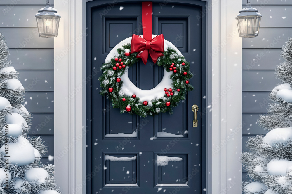 Φωτογραφία Front door of house with Christmas wreath and snow covered pine bush