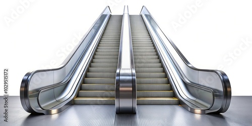 Wide-angle contemporary escalator on white background