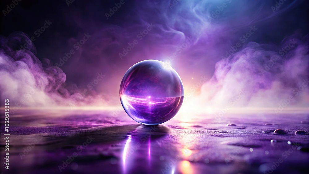 Wide-Angle glowing purple crystal ball on misty surface illuminated by mystical light beams Wide-Angle glowing purple crystal ball on misty surface illuminated by mystical light beams