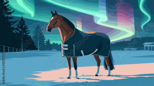 Stunning horse standing in a snowy field under the Northern Lights, with the magical aurora casting a colorful glow on its sleek coat.