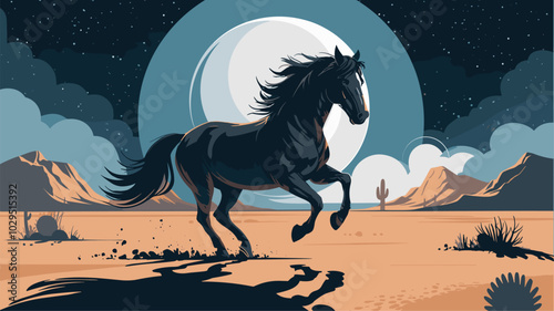 Majestic horse galloping across moonlit desert sands, its silhouette illuminated against the starry sky and arid landscape, exuding freedom.