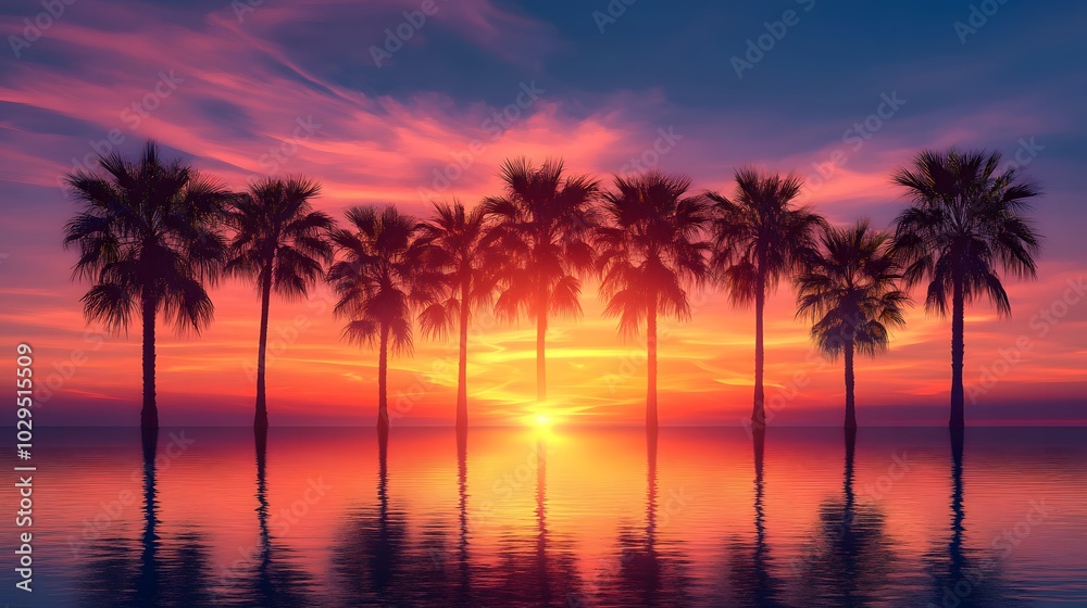 Silhouette of palm trees at sunset over water Silhouette of palm trees at sunset over water