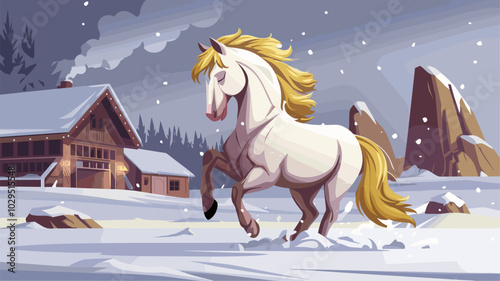 Enchanting horse frolicking in a snowy landscape, snowflakes gently falling on its coat, with the winter environment providing a picturesque backdrop.
