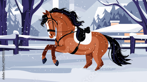 Enchanting horse frolicking in a snowy landscape, snowflakes gently falling on its coat, with the winter environment providing a picturesque backdrop.