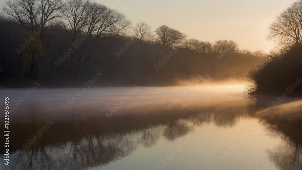 A peaceful river at dawn, shrouded in soft fog, with the silhouettes of bare trees reflecting on the calm water. The misty atmosphere and soft light create a serene and tranquil landscape A peaceful river at dawn, shrouded in soft fog, with the silhouettes of bare trees reflecting on the calm water. The misty atmosphere and soft light create a serene and tranquil landscape