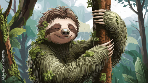 Sloth clinging to tree in rainforest, blending into lush, wet environment as raindrops slide off its fur.