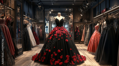 Wallpaper Mural Black and Red Ball Gown Dress in Luxury Boutique Store Torontodigital.ca