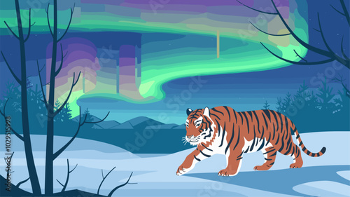 Majestic tiger roaming a snow-covered landscape with the Northern Lights creating a colorful, magical glow above.
