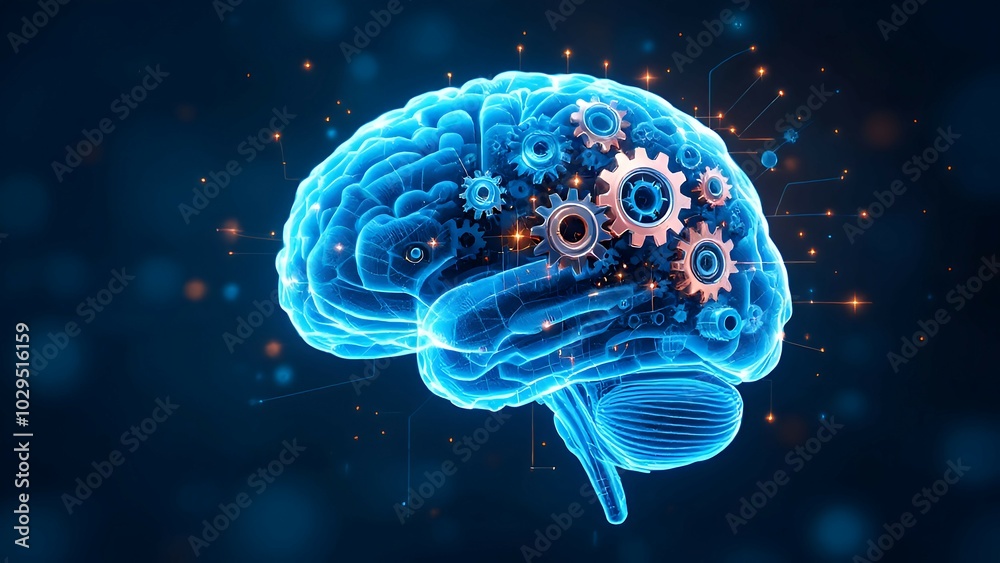 Digital Brain with Gears Turning A 3D-rendered brain with turning gears inside, representing the mechanics of AI processing.