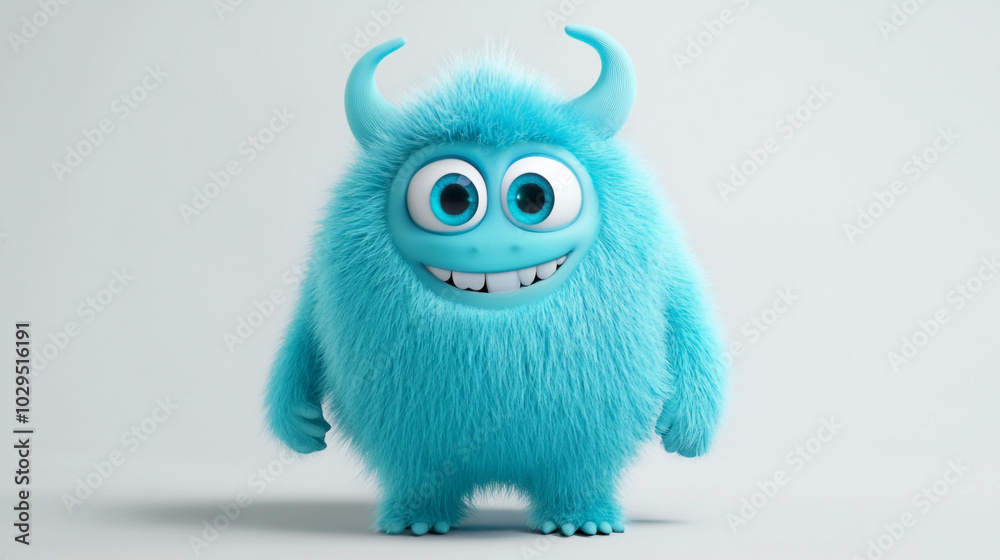Fototapeta premium Cute Blue Furry Monster Character with Big Eyes and Grinning Smile