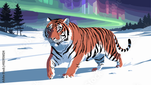 Majestic tiger roaming a snow-covered landscape with the Northern Lights creating a colorful, magical glow above.