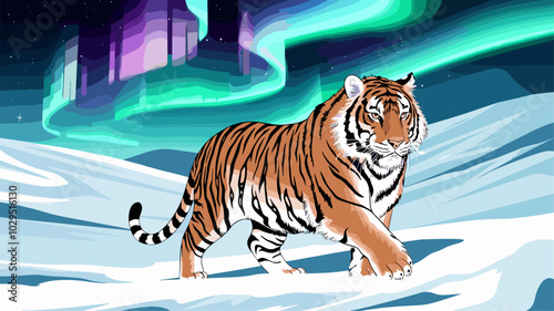 Majestic tiger roaming a snow-covered landscape with the Northern Lights creating a colorful, magical glow above.