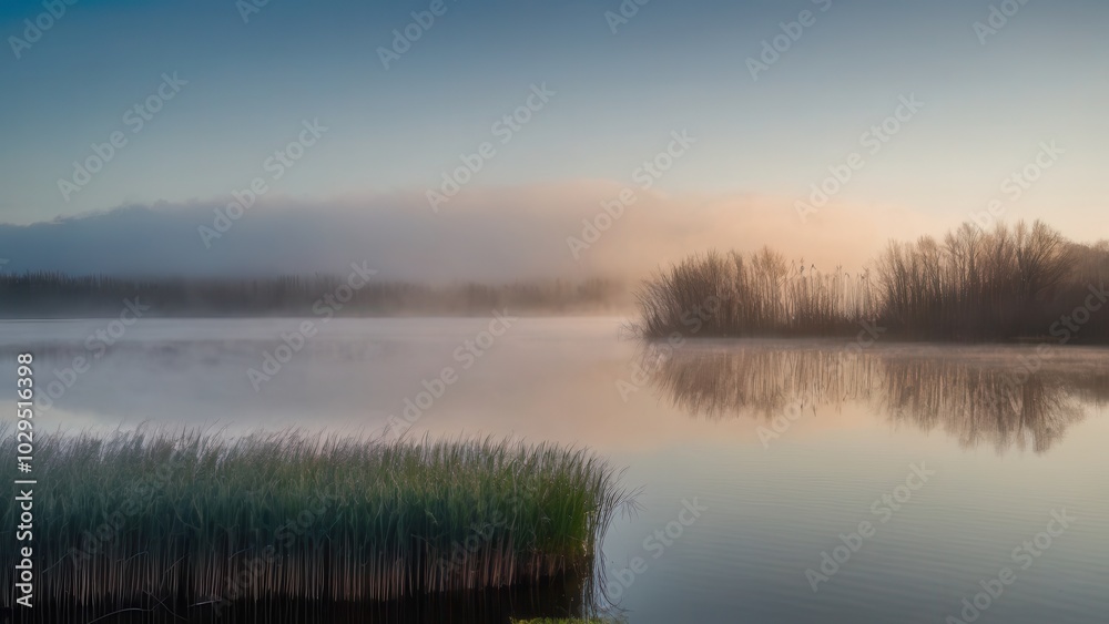 A peaceful marsh landscape at dawn, with soft fog rising over the still water and tall grasses reflected in the calm surface. The misty atmosphere creates a serene and tranquil scene, capturing the be A peaceful marsh landscape at dawn, with soft fog rising over the still water and tall grasses reflected in the calm surface. The misty atmosphere creates a serene and tranquil scene, capturing the be