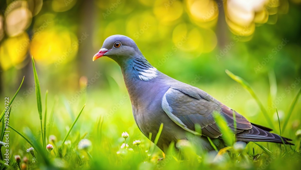 Wild pigeon foraging for seeds in lush green grass Wild pigeon foraging for seeds in lush green grass