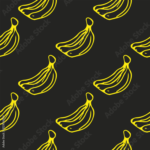 Sketch banana seamless pattern. Outline illustration on background